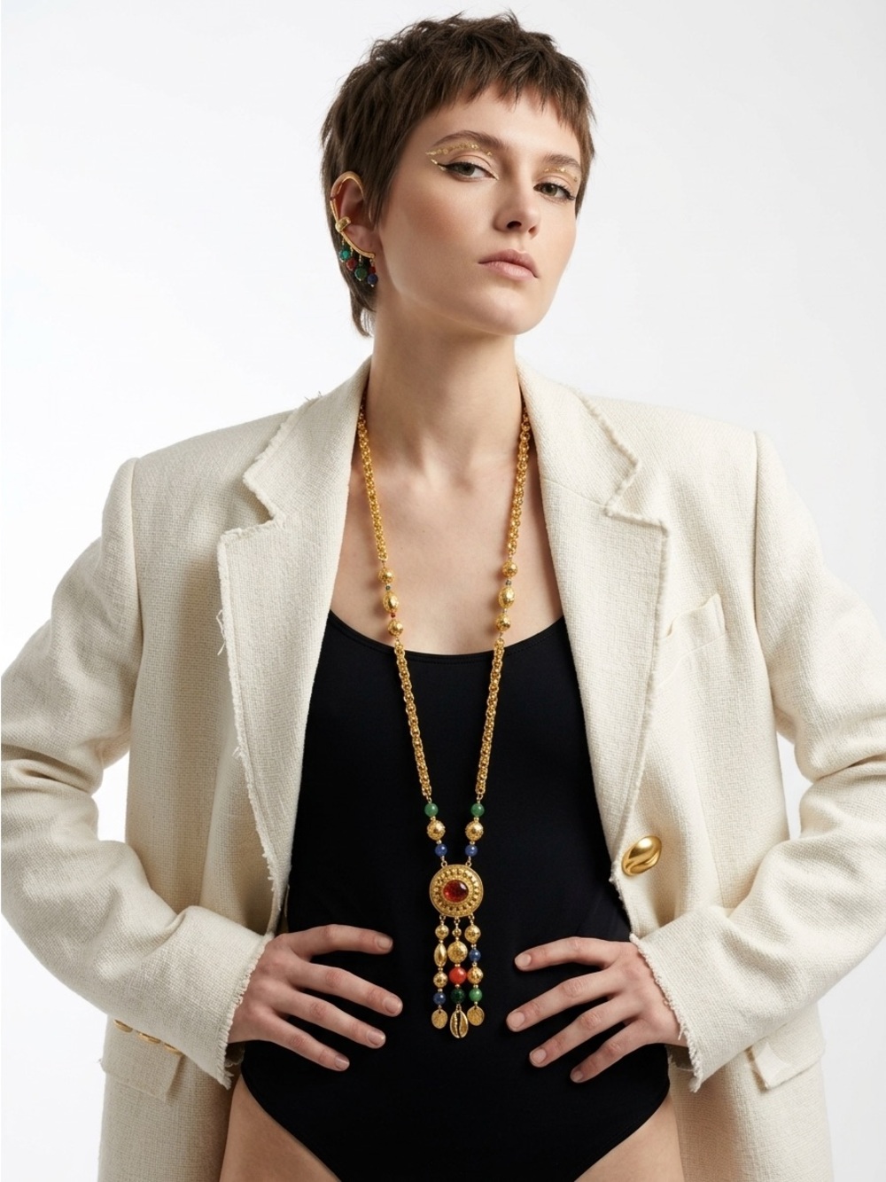 Vintage 90s Alfred Sung Gold Semi-Precious Long Statement Pendant Necklace